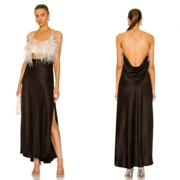 PatBO Feather Trim Midi Slip Dress in Black 2 - Picture 4 of 6